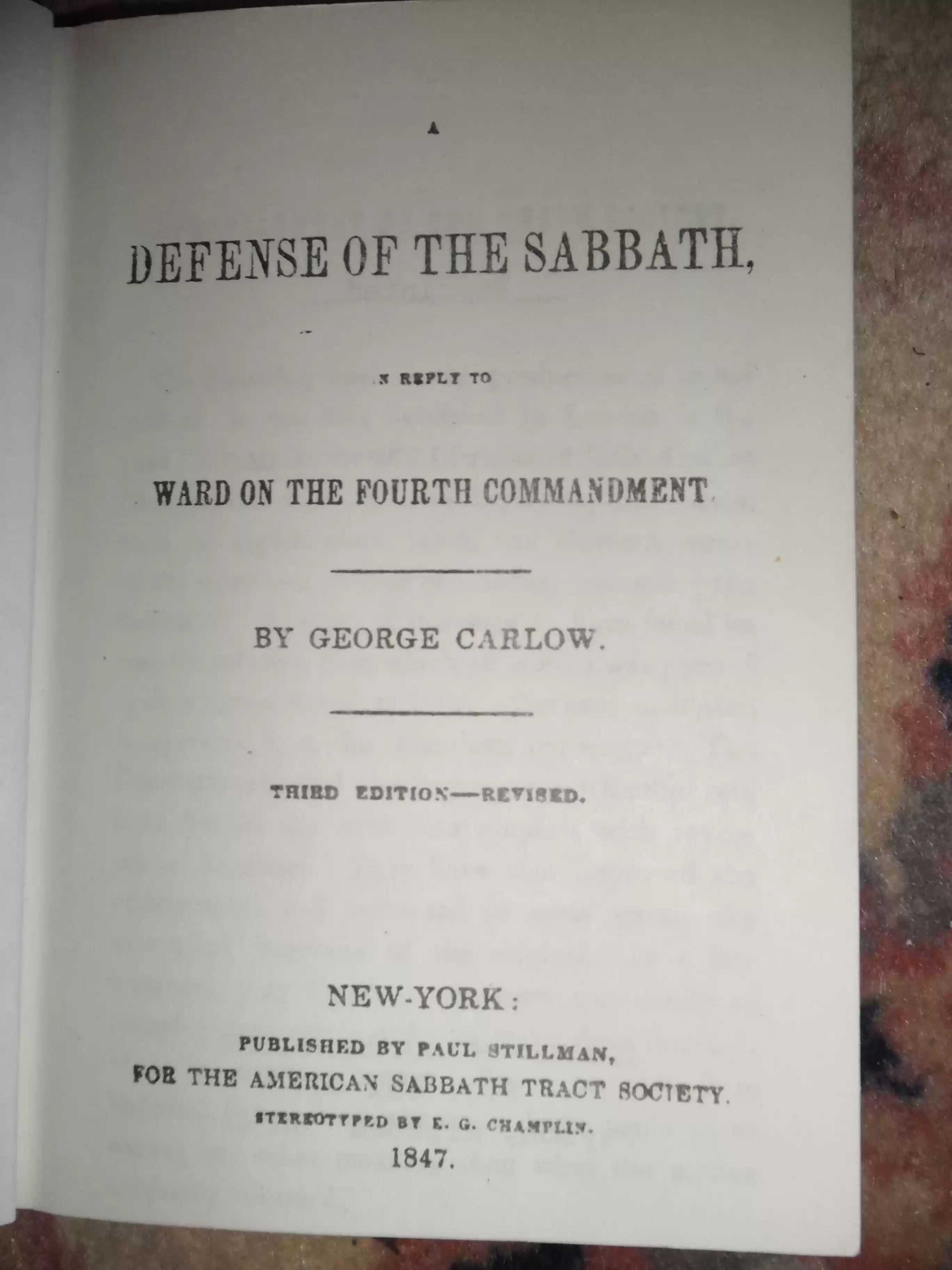 SAM_0512-Title page of book written by George Carlow (1724) A Defense of the Sabbath